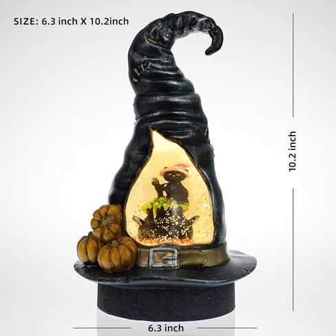 كرة ثلج الهالوين، قبعة ساحرة مع كرة ثلجية على شكل قطة سوداء، فانوس ثلجي دوار يعمل بالبطارية، مشهد مضاء LED لهدية ديكورات المنزل في الهالوين in Kuwait