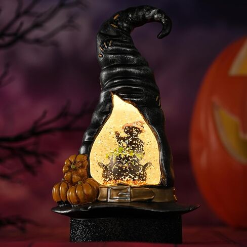 كرة ثلج الهالوين، قبعة ساحرة مع كرة ثلجية على شكل قطة سوداء، فانوس ثلجي دوار يعمل بالبطارية، مشهد مضاء LED لهدية ديكورات المنزل في الهالوين in Kuwait