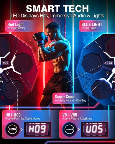 PYY Music Boxing Machine - Wall Mounted Musical Punching Pad, 9 Speeds 5 Volumes 2 Colors Led Electronic Workout Traning Equipment with Gloves, 16.4FT Smart Bluetooth Beat Trainer for Adults Kids Home in Saudi Arabia
