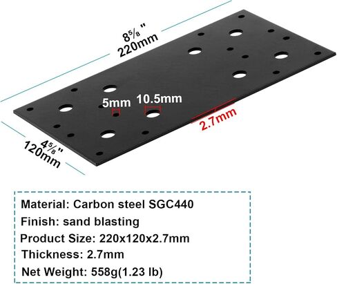 4 Pcs 8-5/8" x 4-5/8" Black Flat Mending Plate, Steel Straight Joint Bracket Fixing Repair Tie Plate Corner Brace Connectors for Wood Furniture Timber, Thick 7/64" in Saudi Arabia