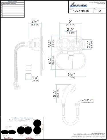 Ambassador Marine Aidack - دش ترانسوم (خلاط ساخن/بارد)، كوب وغطاء أبيض قطبي، بخاخ أبيض قطبي صغير، خرطوم مطاطي أبيض بطول 10 بوصات، مقبض مساعد من الكروم - 136-1707-AW-W in Kuwait