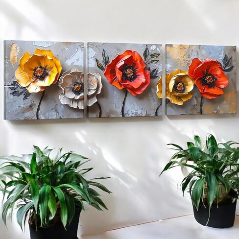 SSRTK Large Living Room Textured Wall Art Poppy Painting 3 Piece Set Canvas Flower Wall Decor for Women's Room Modern Home Oil Painting Living Artwork with Inner Frame 24X24 inches in Saudi Arabia