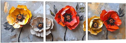 SSRTK Large Living Room Textured Wall Art Poppy Painting 3 Piece Set Canvas Flower Wall Decor for Women's Room Modern Home Oil Painting Living Artwork with Inner Frame 24X24 inches in Saudi Arabia
