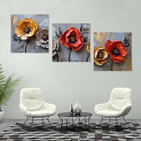 SSRTK Large Living Room Textured Wall Art Poppy Painting 3 Piece Set Canvas Flower Wall Decor for Women's Room Modern Home Oil Painting Living Artwork with Inner Frame 24X24 inches in Saudi Arabia