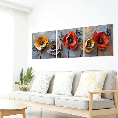SSRTK Large Living Room Textured Wall Art Poppy Painting 3 Piece Set Canvas Flower Wall Decor for Women's Room Modern Home Oil Painting Living Artwork with Inner Frame 24X24 inches in Saudi Arabia