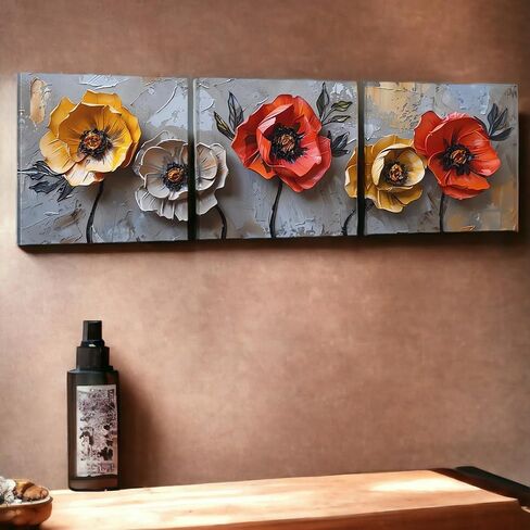 SSRTK Large Living Room Textured Wall Art Poppy Painting 3 Piece Set Canvas Flower Wall Decor for Women's Room Modern Home Oil Painting Living Artwork with Inner Frame 24X24 inches in Saudi Arabia