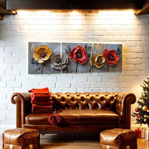 SSRTK Large Living Room Textured Wall Art Poppy Painting 3 Piece Set Canvas Flower Wall Decor for Women's Room Modern Home Oil Painting Living Artwork with Inner Frame 24X24 inches in Saudi Arabia