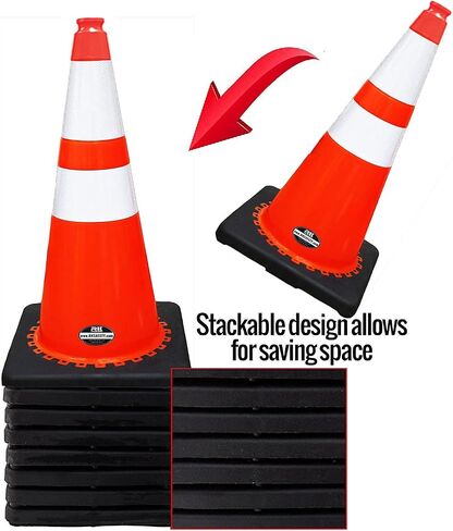(Set of 6) RK 28" Orange Safety Traffic PVC Cones with 6" + 4" Reflective Collars,Black Base (6 Cones) in Saudi Arabia