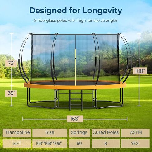 Tatub 14FT Outdoor Trampoline for Kids and Adults, Upgraded Trampoline with Enclosure Net and Fiberglass Curved Poles, Recreational Backyard Trampoline with Accessories Set, Capacity for 4-6 in Kuwait