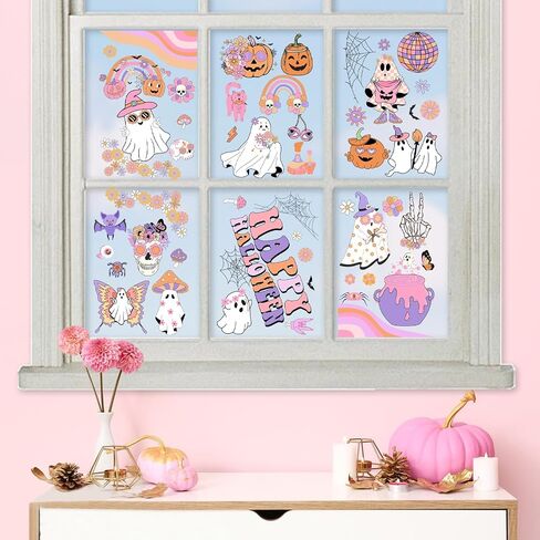Kreatwow Halloween Groovy Party الديكور 6 قطع Halloween Groovy Window Clings Halloween Window Decorate Happy Halloween مزدوجة مطبوعة الهبي شبح بوهو قوس قزح اليقطين صائق لحفلة المنزل in Saudi Arabia