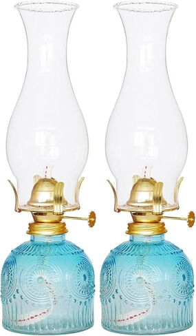 2Pcs Oil Lamps for Indoor Use Blue Vintage Glass Clear Kerosene Lamp Indoor Decorative Hurricane Lamp Oil Lantern for Home Tabletop Emergency Lighting in Kuwait