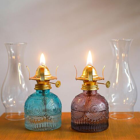 2Pcs Oil Lamps for Indoor Use Blue Vintage Glass Clear Kerosene Lamp Indoor Decorative Hurricane Lamp Oil Lantern for Home Tabletop Emergency Lighting in Kuwait