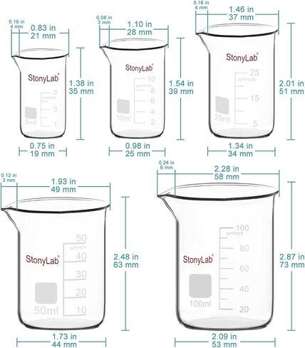 stonylab Graduated Glass Beaker Set, Borosilicate Glass Lab Beakers in 5 Sizes, 5 ml/10 ml/25 ml/50 ml/100 ml, Combo Pack in Saudi Arabia