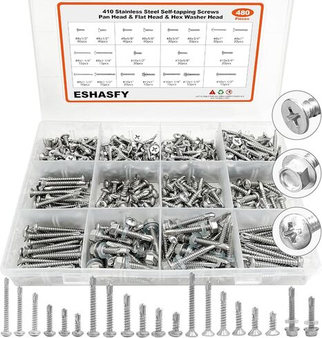 480PCS Self Drilling Screws Assortment Kit, 410 Stainless Steel Self Tapping Screws, #8#10#12 for Pan Head, Flat and Hex Washer Head, Tex Sheet Metal Screws for Building, Metal, Wood & Plastic in Saudi Arabia