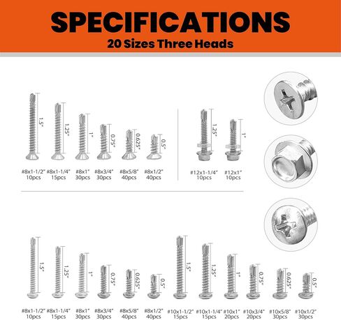 480PCS Self Drilling Screws Assortment Kit, 410 Stainless Steel Self Tapping Screws, #8#10#12 for Pan Head, Flat and Hex Washer Head, Tex Sheet Metal Screws for Building, Metal, Wood & Plastic in Saudi Arabia