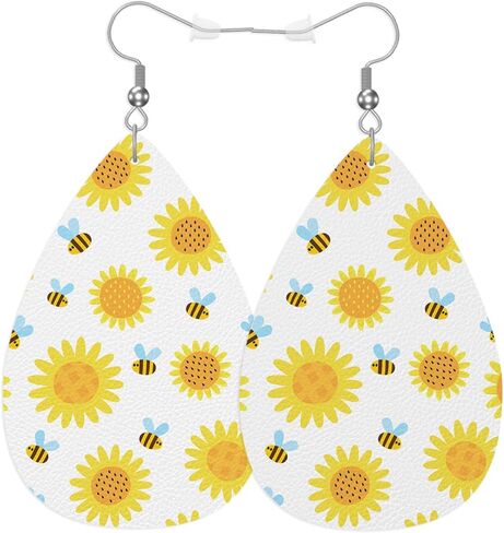 Sunflower Leather Teardrop Earrings Cartoon Honeybees Yellow Sunflowers Faux Leather Water Drop Earrings Jewelry For Women Friends Wedding in Kuwait