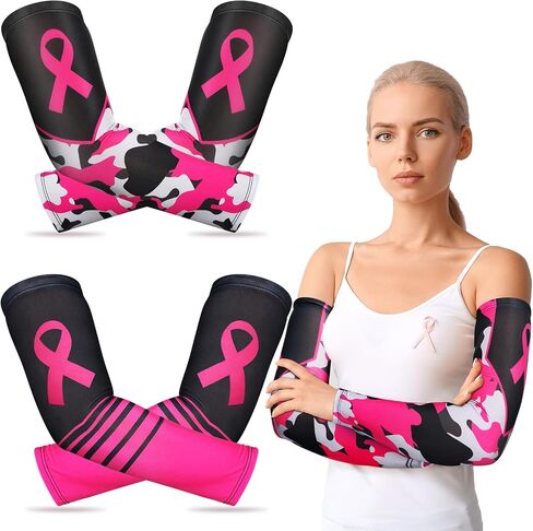 2 Pairs Breast Cancer Awareness Arm Sleeves Pink Ribbon Arm Sleeves Women Men UV Protection Compression Arm Covers in Saudi Arabia