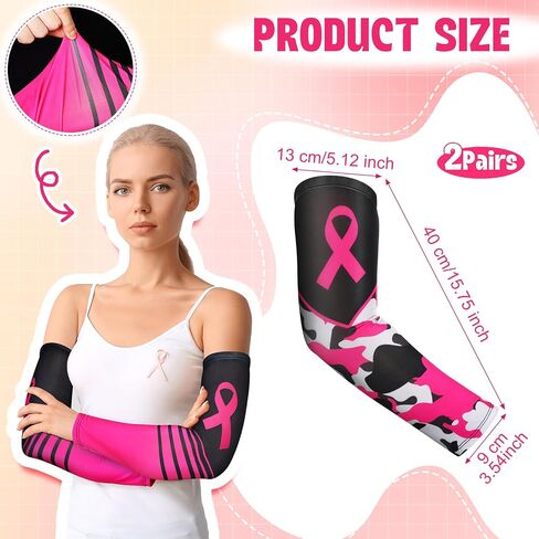 2 Pairs Breast Cancer Awareness Arm Sleeves Pink Ribbon Arm Sleeves Women Men UV Protection Compression Arm Covers in Saudi Arabia