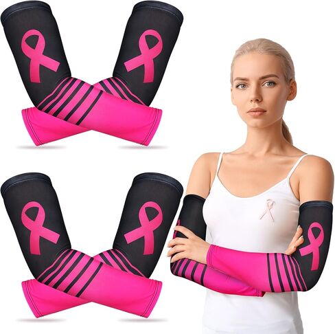 2 Pairs Breast Cancer Awareness Arm Sleeves Pink Ribbon Arm Sleeves Women Men UV Protection Compression Arm Covers in Saudi Arabia