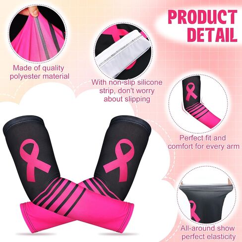 2 Pairs Breast Cancer Awareness Arm Sleeves Pink Ribbon Arm Sleeves Women Men UV Protection Compression Arm Covers in Saudi Arabia