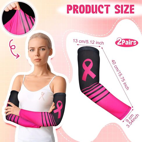 2 Pairs Breast Cancer Awareness Arm Sleeves Pink Ribbon Arm Sleeves Women Men UV Protection Compression Arm Covers in Saudi Arabia