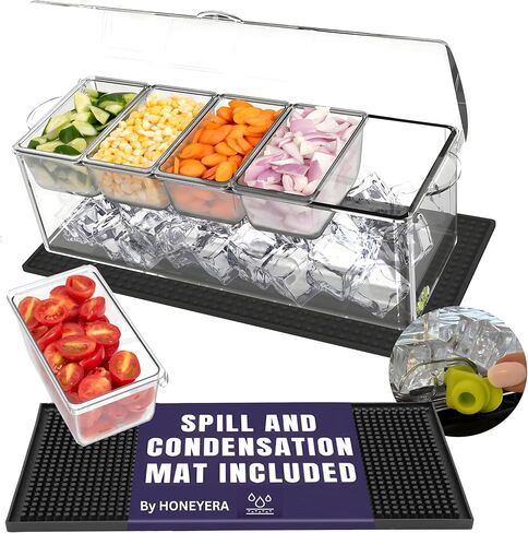 Honeyera Chilled Condiment Server with Lid - 5 Removable Compartments, Condiment Serving Tray with Ice Tray & Free Mat, Clear Fruit Organizer with Ice Chamber, Perfect for BBQs, Mimosa Bars & Parties in Saudi Arabia