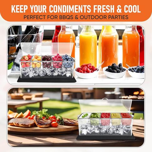 Honeyera Chilled Condiment Server with Lid - 5 Removable Compartments, Condiment Serving Tray with Ice Tray & Free Mat, Clear Fruit Organizer with Ice Chamber, Perfect for BBQs, Mimosa Bars & Parties in Saudi Arabia