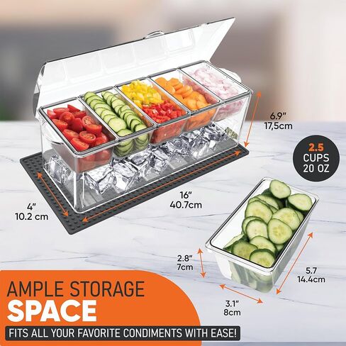 Honeyera Chilled Condiment Server with Lid - 5 Removable Compartments, Condiment Serving Tray with Ice Tray & Free Mat, Clear Fruit Organizer with Ice Chamber, Perfect for BBQs, Mimosa Bars & Parties in Saudi Arabia