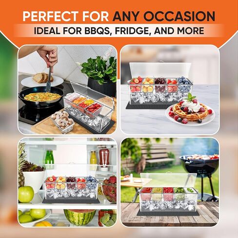 Honeyera Chilled Condiment Server with Lid - 5 Removable Compartments, Condiment Serving Tray with Ice Tray & Free Mat, Clear Fruit Organizer with Ice Chamber, Perfect for BBQs, Mimosa Bars & Parties in Saudi Arabia