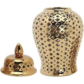HOMSFOU Ceramic Ginger Jar with Lid Carved Lattice Decorative Temple Jar Modern Ceramic Hollow Out Ginger Jar Flower Vase for Home Office Party Wedding Decor Golden 22x10cm