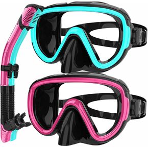 Bairuifu 2 Packs Dry Snorkel Mask Set Snorkeling Gear for Adults Scuba Diving Mask Swimming Glasses Swim Dive Mask Nose Cover Free Diving