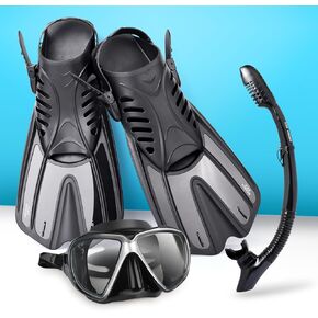 Mask Fin Snorkel Set with Adult Snorkeling Gear, 180°Anti-Fog Diving Mask Anti-Leak Dry Top Snorkel and Dive Flippers Diving Package for Snorkeling Swimming Scuba Diving Training