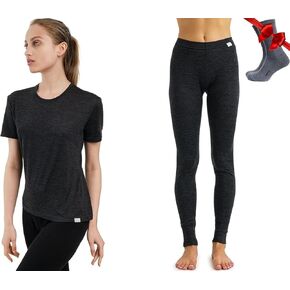 Merino.tech Merino Wool Base Layer Women Lightweight Short Sleeve Tee & Thermal Underwear Bottoms + Wool Socks