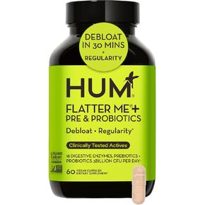 HUM Digestive Enzymes + Prebiotics & Probiotics: Flatter Me Plus 18 Full-Spectrum Enzymes for Bloating Relief & Digestive Health in Men & Women with Pre and Probiotics for Digestive Regularity