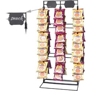 Chip Rack Display Stand, 3 Row with 60 Clips Chip Display Rack, Snack Display Stand for Parties and Retail, Sweets Organizer Stand for Countertop with 2 Display Label - Black