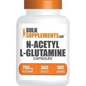 BulkSupplements.com N-Acetyl L-Glutamine Capsules - Glutamine Supplement, Glutamine 750mg - for Gut Health, Gluten Free, 2 Capsules per Serving, 360 Capsules (Pack of 1)