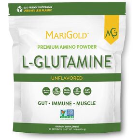 MariGold Pure Unflavored L-Glutamine Powder - Healthy Gut, Immune, and Muscle Support, Non-GMO, Gluten Free, Soy & Allergen Free (5g / 5000mg per Serving)