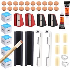 Just E Joy 40pcs Pool Cue Repair Kit: 2 Pool Cue Tip Clamp + 20 Billiard Cue Tips + 5 Chalk Cubes + 5 Pool Cue Ferrule + 2 Planers + 4 Shaper + 2 Glue, Billiard Cues Replacement Accessories