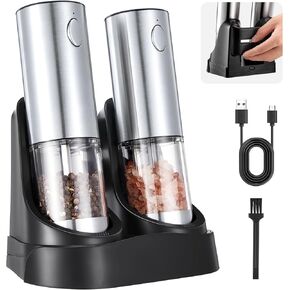 Electric Salt and Pepper Grinder Set — Automatic Rechargeable Salt/Pepper Grinder with Charging Base and LED Light, Adjustable Coarseness, Large Capacity, One-handed Operation Salt Pepper Mills