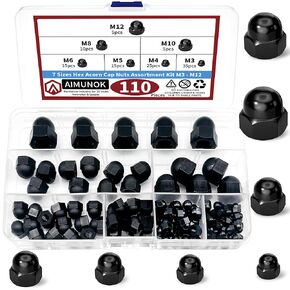 110PCS Metric Black Nylon Acorn Nuts Assortment Kit,M3 M4 M5 M6 M8 M10 M12 Cap Nuts Sets,Nut Caps for Bolt,Dome Head Hex Nuts for Indoor Outdoor
