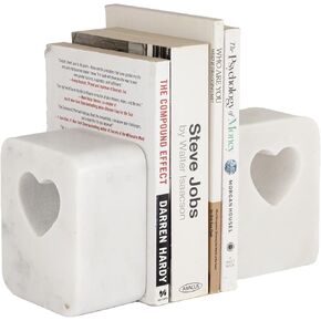 Mie Creations Decorative Marble Book Ends for Shelves Set of 2, Elegant Heavy White Heart Cutout Unique Bookends Holder, Solid Handmade Non-Skid Bookend Stoppers for Home, Office, Bookshelf Décor