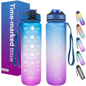 iLLYS Water Bottle 1L / 32oz with Motivational Time Marker Straw Strainer SK Plastic BPA Free Sport Water Bottles for kids Fitness Gym Office Outdoor Sports and Exercise | Leak Proof (Blue & Pink)