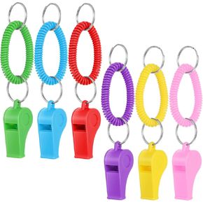 6Pcs Sport Whistle with Bracelet, Loud Clear Plastic Whistles with Stretchable Coil Wrist Keychain Rings for Coaches Referees Teacher Lifeguard Survival Emergency Training Soccer Hiking Whistle