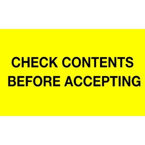 Tape Logic Aviditi Tape Logic 3" x 5", "Check Contents Before Accepting" Fluorescent Yellow Warning Sticker, for Shipping, Handling and Packing (1 Roll of 500 Labels)
