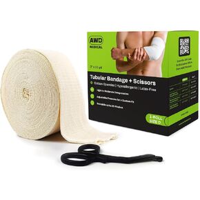 Elasticated Tubular Support Bandage - Reusable Compression Wrap for Joint Pain Relief - Stockinette Tubing for Large Arm/Medium Ankle/Small Knee - Off-White (Size D - 3 inches x 11 Yards) + Scissors