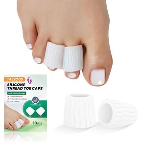 Gel Toe Protector, (10pcs-White, M Size) Thread Toe Sleeves, Toe Tubes with Aloe Vera Extract, Toe Cushion for Rubbing, Corn, Blister, Ingrown Toenails, Hammer Toes