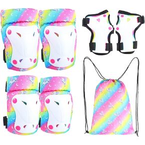 Knee Pads for Kids Elbow Padds Wrist Guards with Drastring Bag Adjustable Protective Gear Set for Girls Boys 3-8 Years Roller Skating Bike