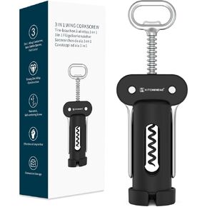 KITCHENDAO 3 in 1 Wing Corkscrew Wine Bottle Opener with Foil Cutter, Built-in Beer Bottle Opener, Multifunctional Wine Opener with Non-Stick Sharp Screw,Easy to Use, Manual Wine Corkscrew，Black