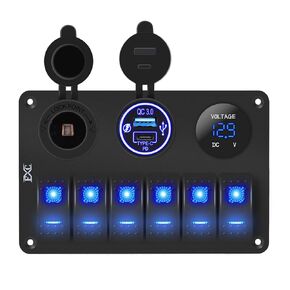 FXC 6 Gang Rocker Switch Panel 12V Marine Switch Panel Waterproof Red LED 5 Pin Marine Rocker Switch Panel with QC3.0 USB & Type-C Cigarette Lighter Socket Voltmeter for Boat Automotive Car