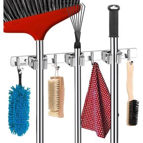 Mop And Broom Holder Wall Mount, Stainless Steel Mop Holder With Hooks, Brooms And Mops Tool Organizer For Closet Laundry Utility Room Garage (3 Racks & 4 Hooks)